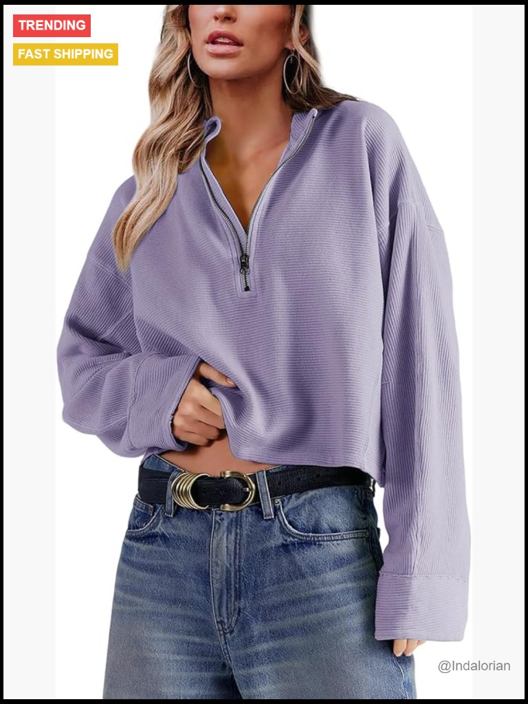 Cropped Half Zip Oversized Sweatshirt Corduroy Pullover